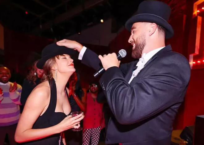 Travis Kelce Gives Taylor Swift the ‘Last 22 Hat’ at the ‘Giant Surprise’ Eras Tour Party He Threw