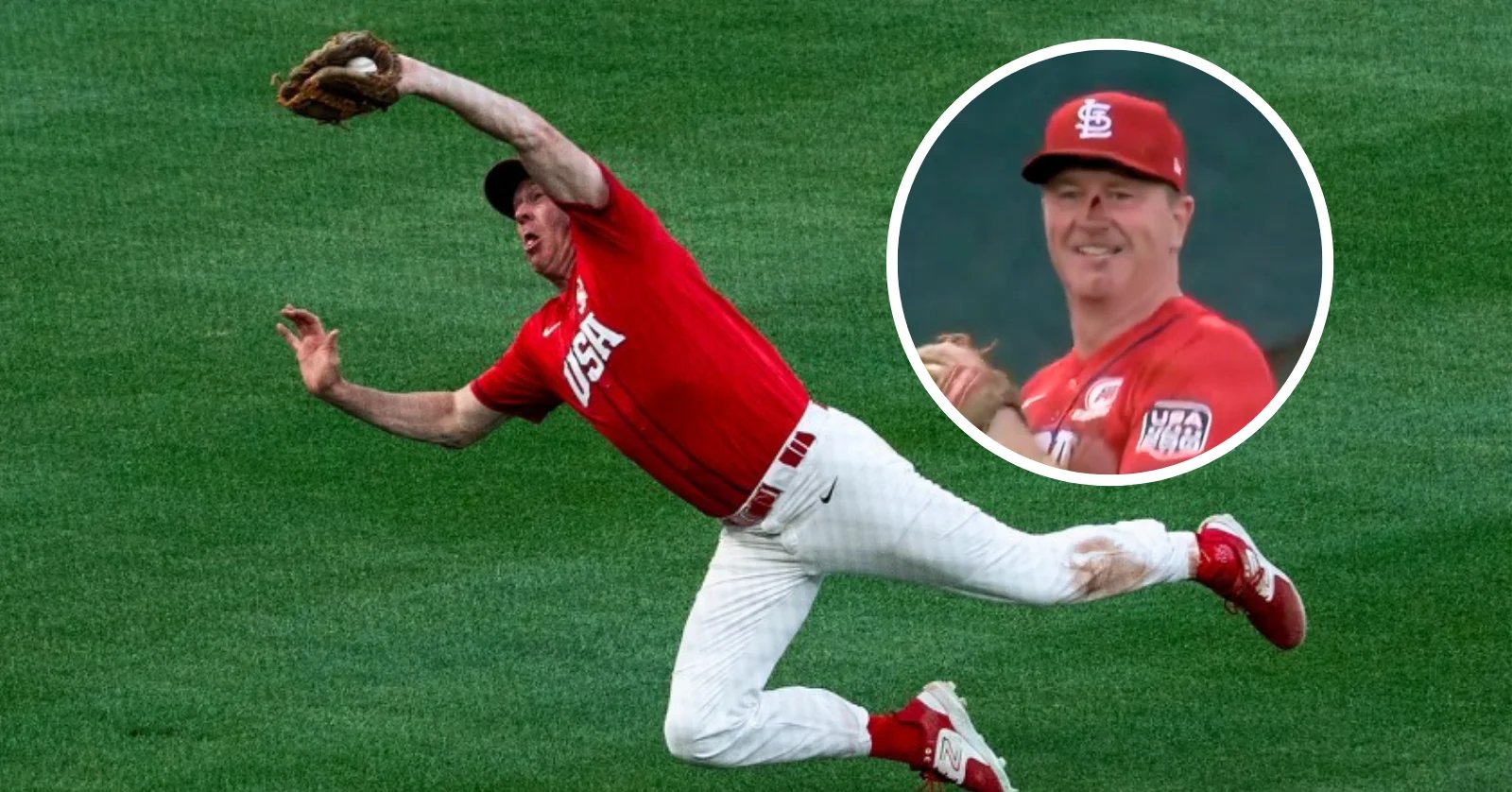 Sen. Eric Schmitt dives for a catch at the Congressional Baseball Game